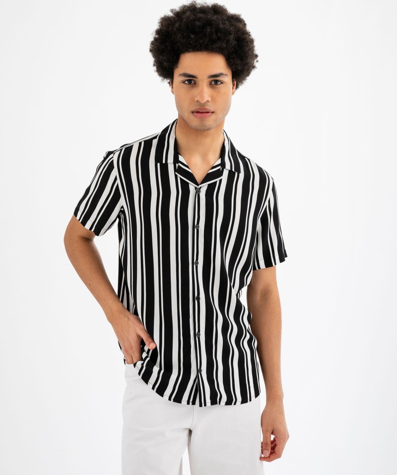 Chemise manches courtes et col cubain en viscose rayée homme